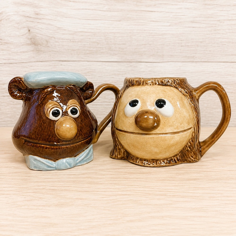 Vintage 1970s Jim Hensons Muppet Show Fozzie Bear Rowlf the Dog Hand Painted Mug